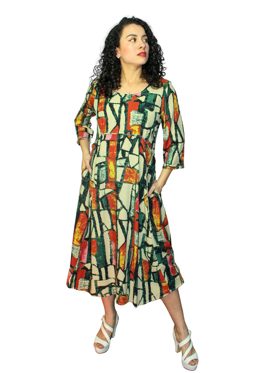 24006-6: Abstract Geometric Paneled Rayon Midi Dress