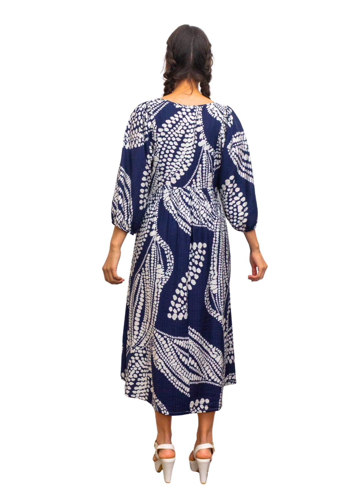 24014-1: Dramatic Flair: The Navy & White Print Smock Dress