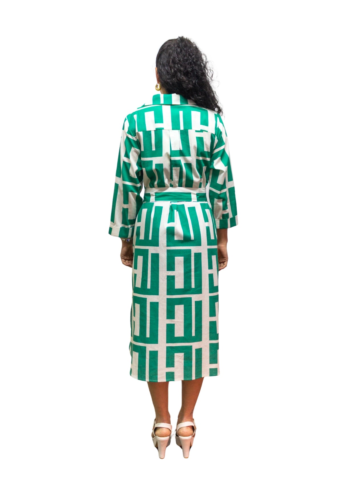 5832-3: Green-White Dynamic Geometric Cotton Shirtdress