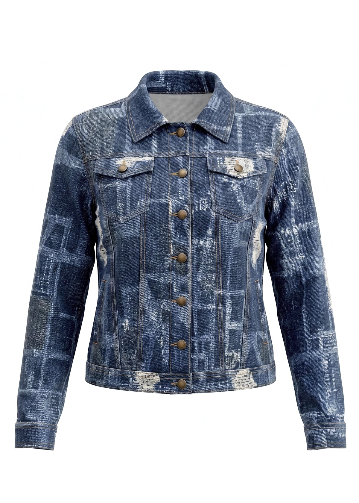 Blue denim jacket with patchwork pattern on a white background