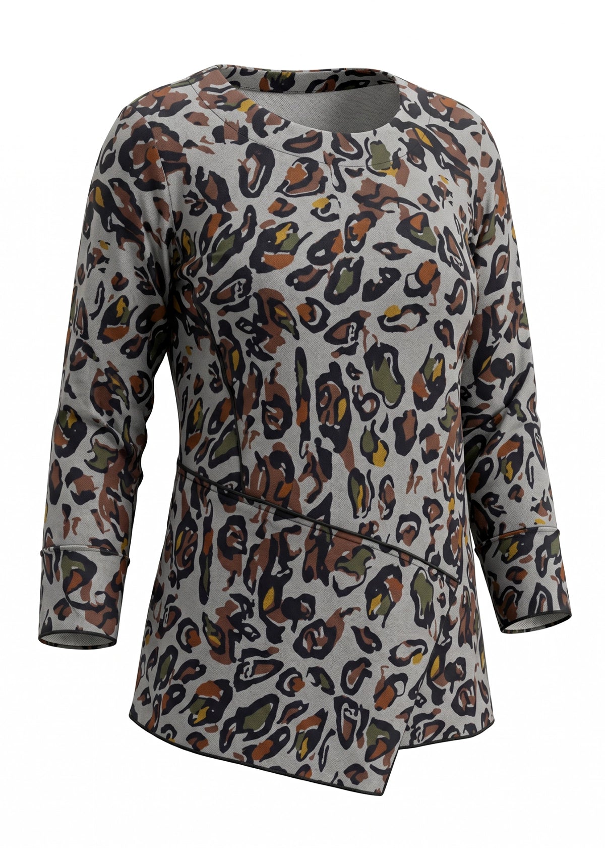 Long-sleeve shirt with a colorful abstract pattern on a white background