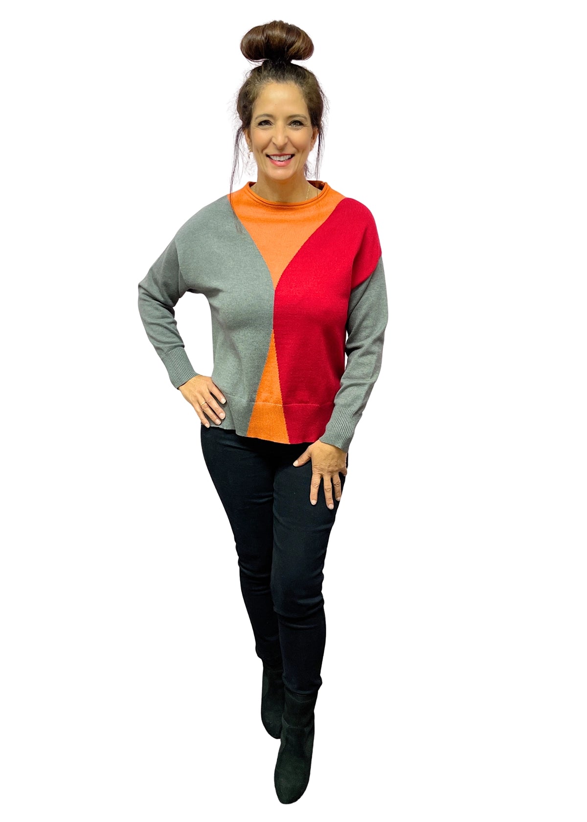 1187-1: WOOL,COTTON,ACRYLIC Geometric Color Block Knit Sweater