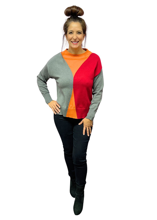 1187-1: WOOL,COTTON,ACRYLIC Geometric Color Block Knit Sweater