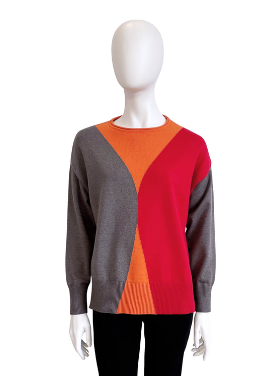 1187-1: WOOL,COTTON,ACRYLIC Geometric Color Block Knit Sweater