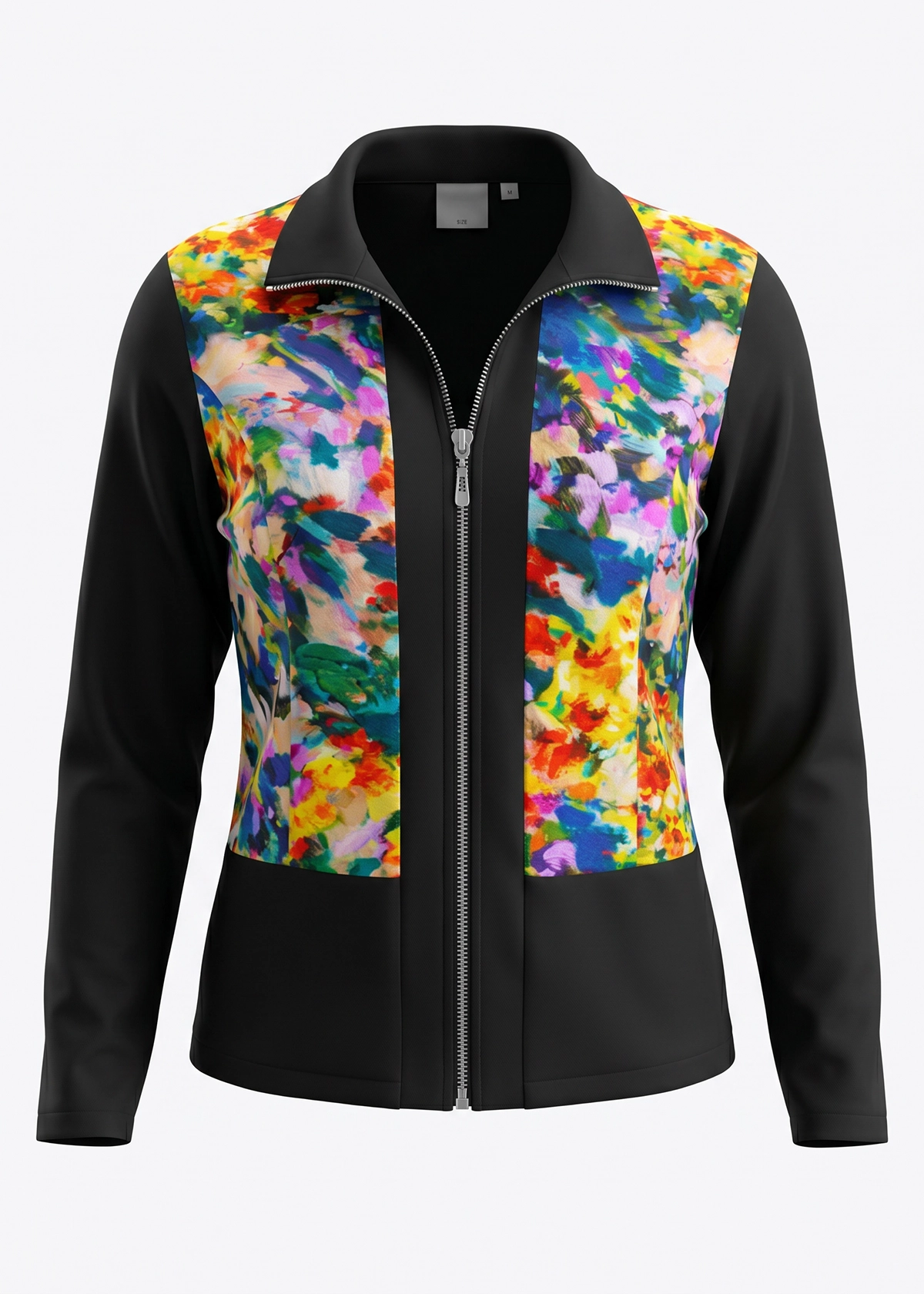 Black jacket with colorful floral pattern on a white background