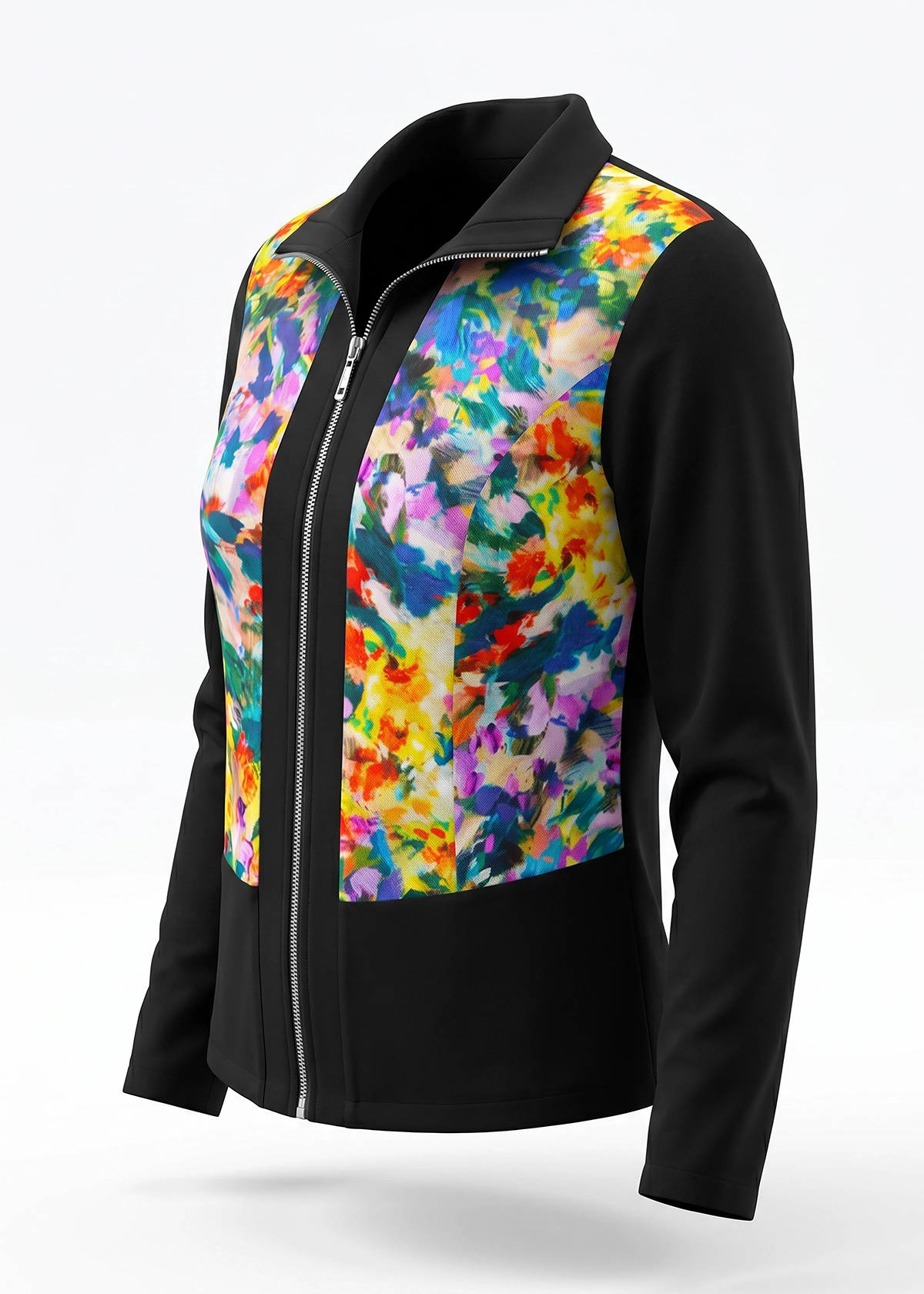 Colorful floral patterned jacket with black accents on a white background