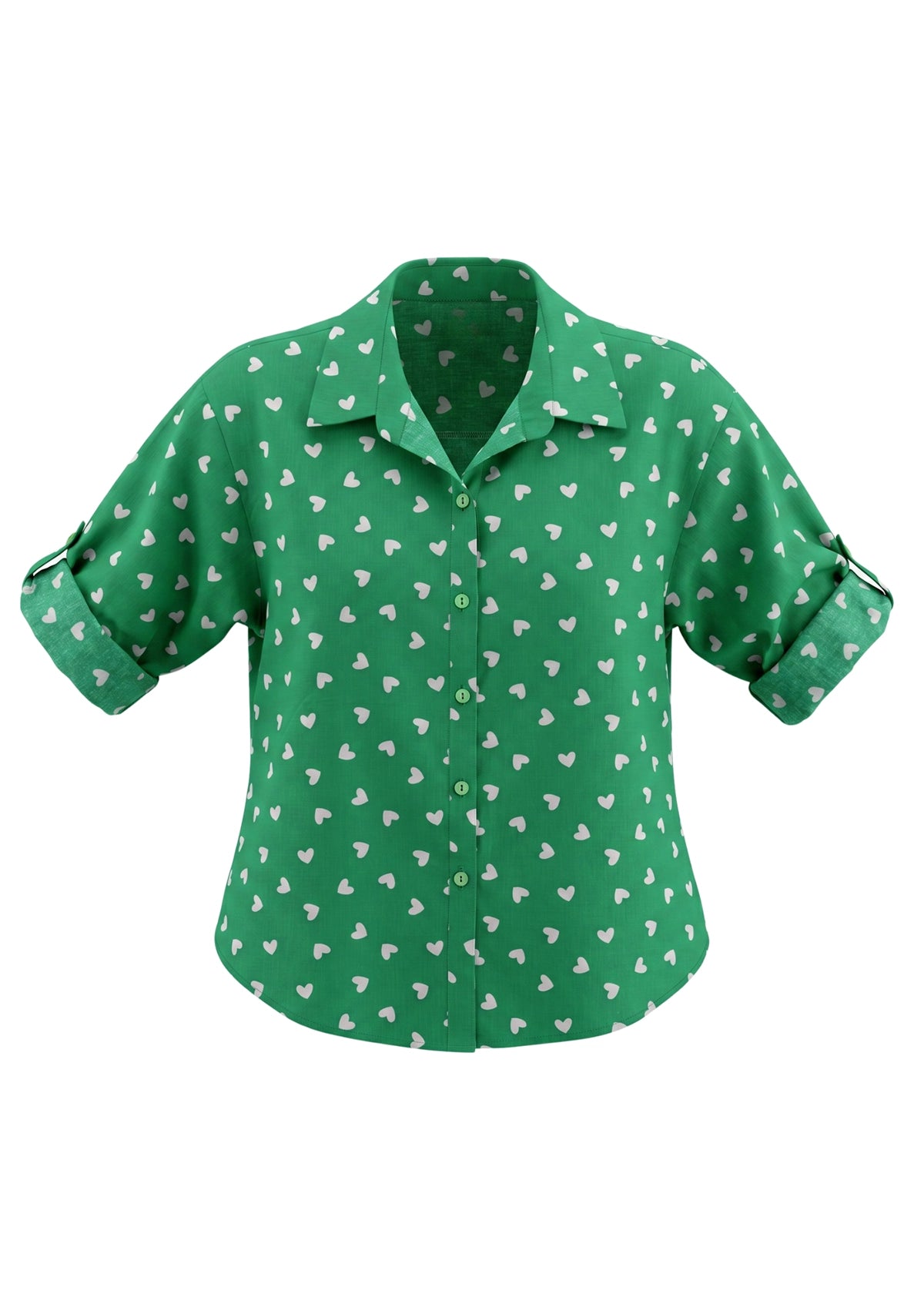 Green shirt with white pattern on a white background