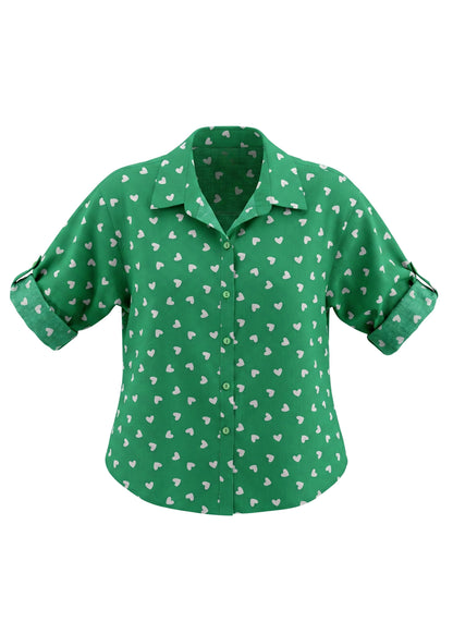 Green shirt with white pattern on a white background