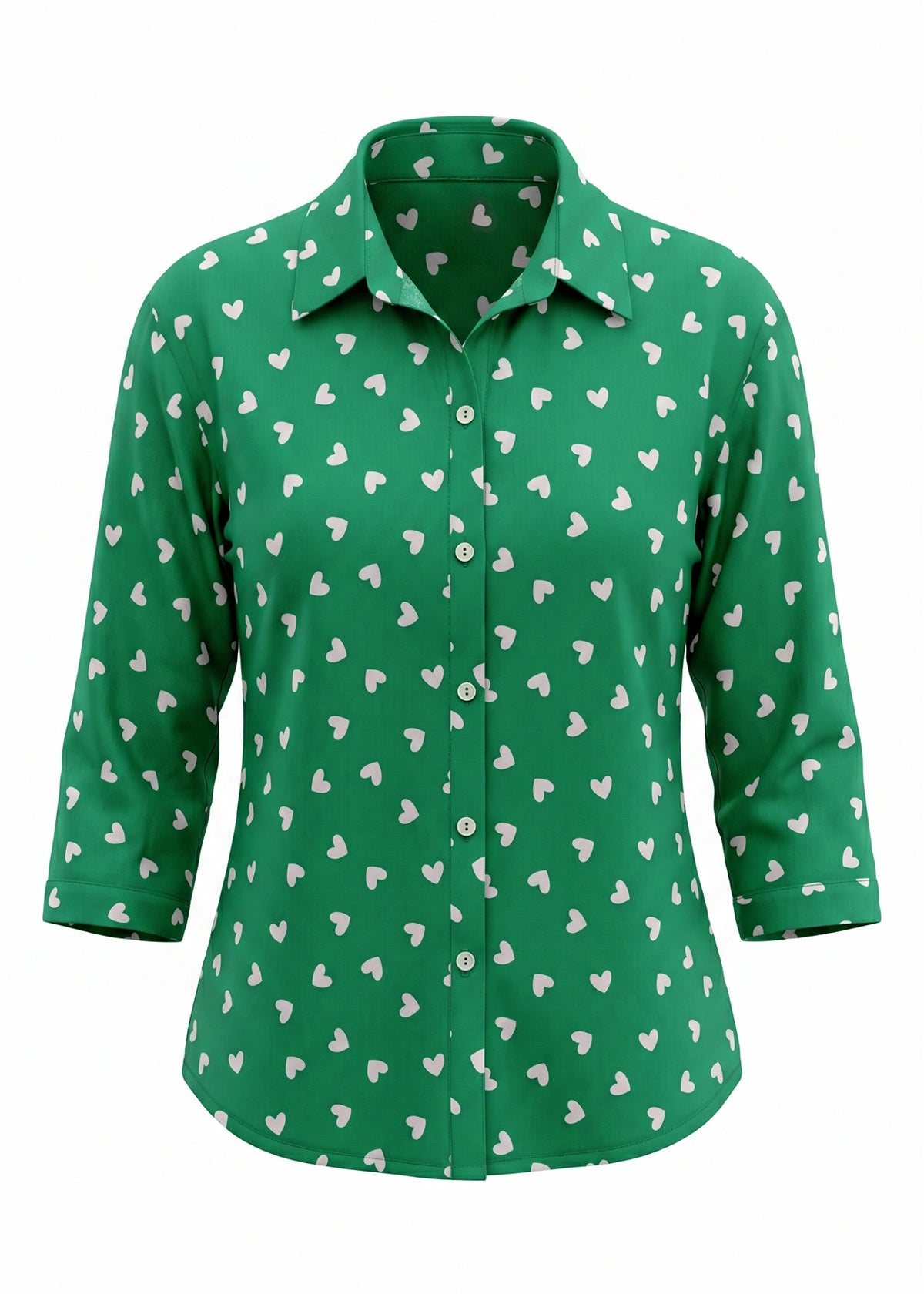 Green shirt with white heart pattern on a white background