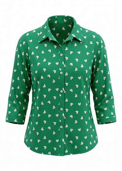 Green shirt with white heart pattern on a white background