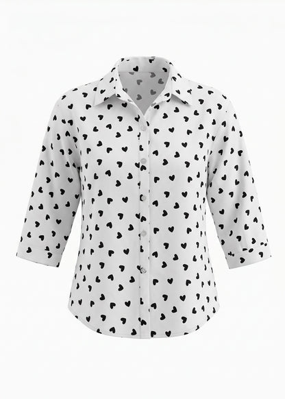 2335A-2: COTTON White Heart Print 3/4 Sleeve Shirt