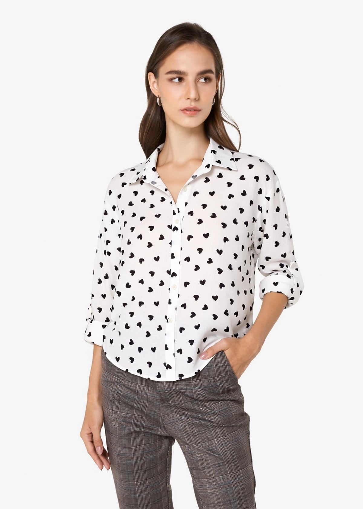 2335A-2: COTTON White Heart Print 3/4 Sleeve Shirt
