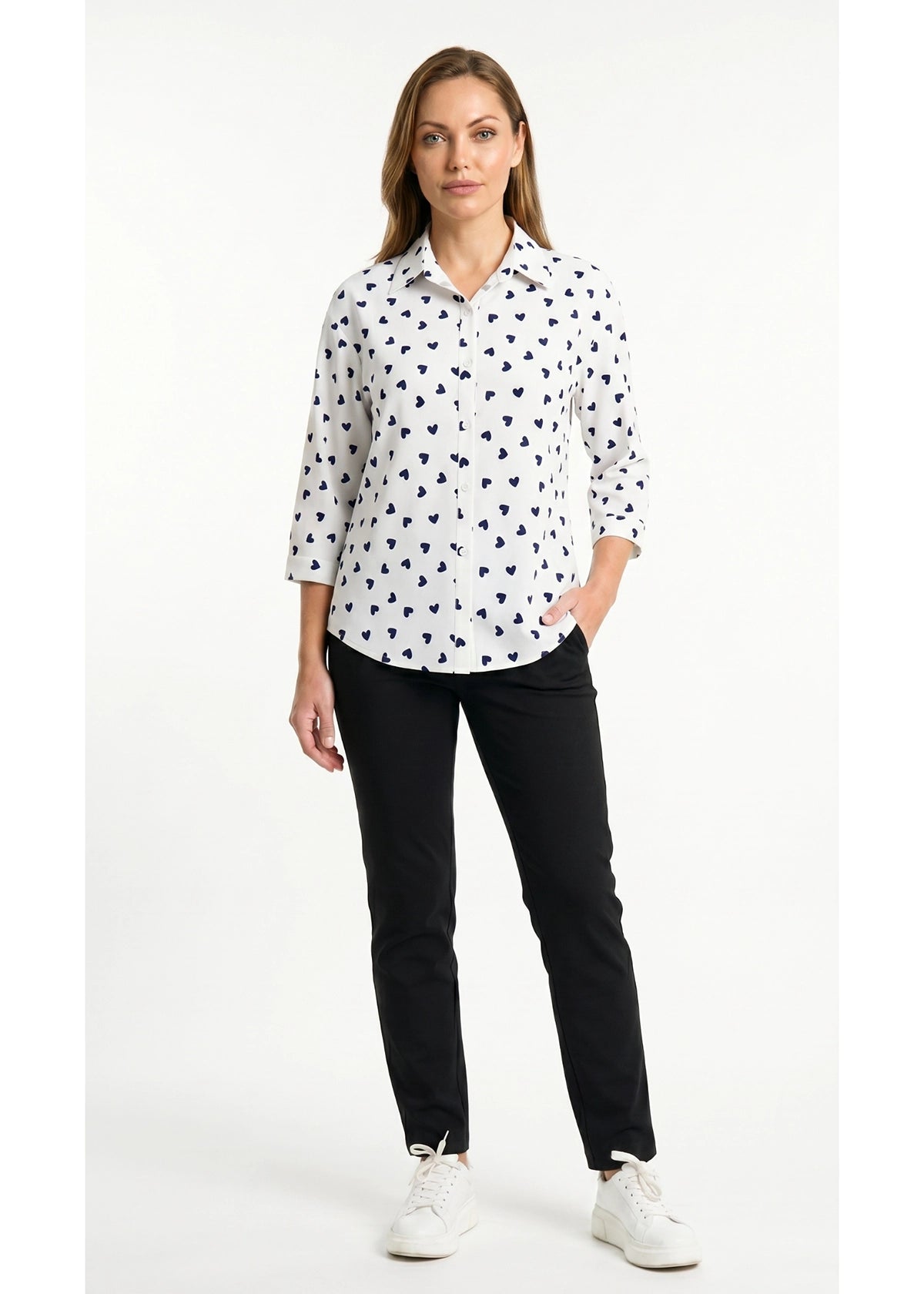 2335A-2: COTTON White Heart Print 3/4 Sleeve Shirt