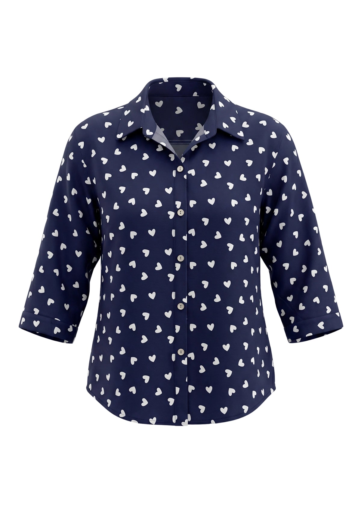 Navy blue shirt with white heart pattern on a white background