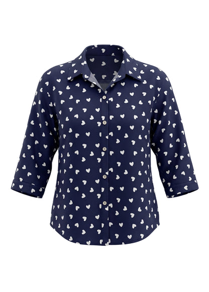 Navy blue shirt with white heart pattern on a white background