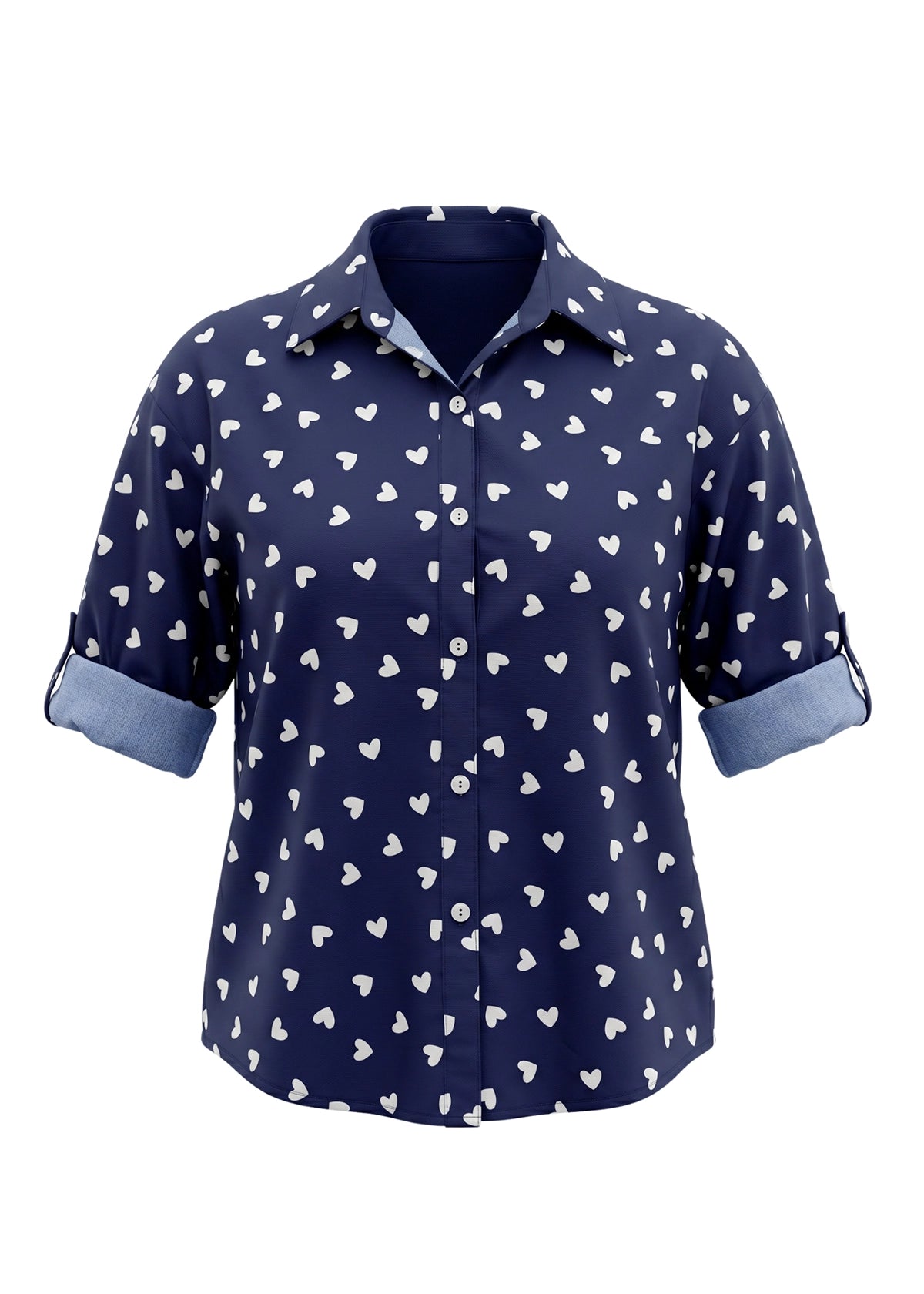 Navy blue shirt with white heart pattern on a white background