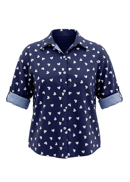 Navy blue shirt with white heart pattern on a white background