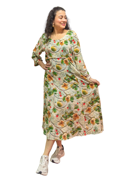 24006-12: Sage Green Botanical Vine Rayon Midi Dress