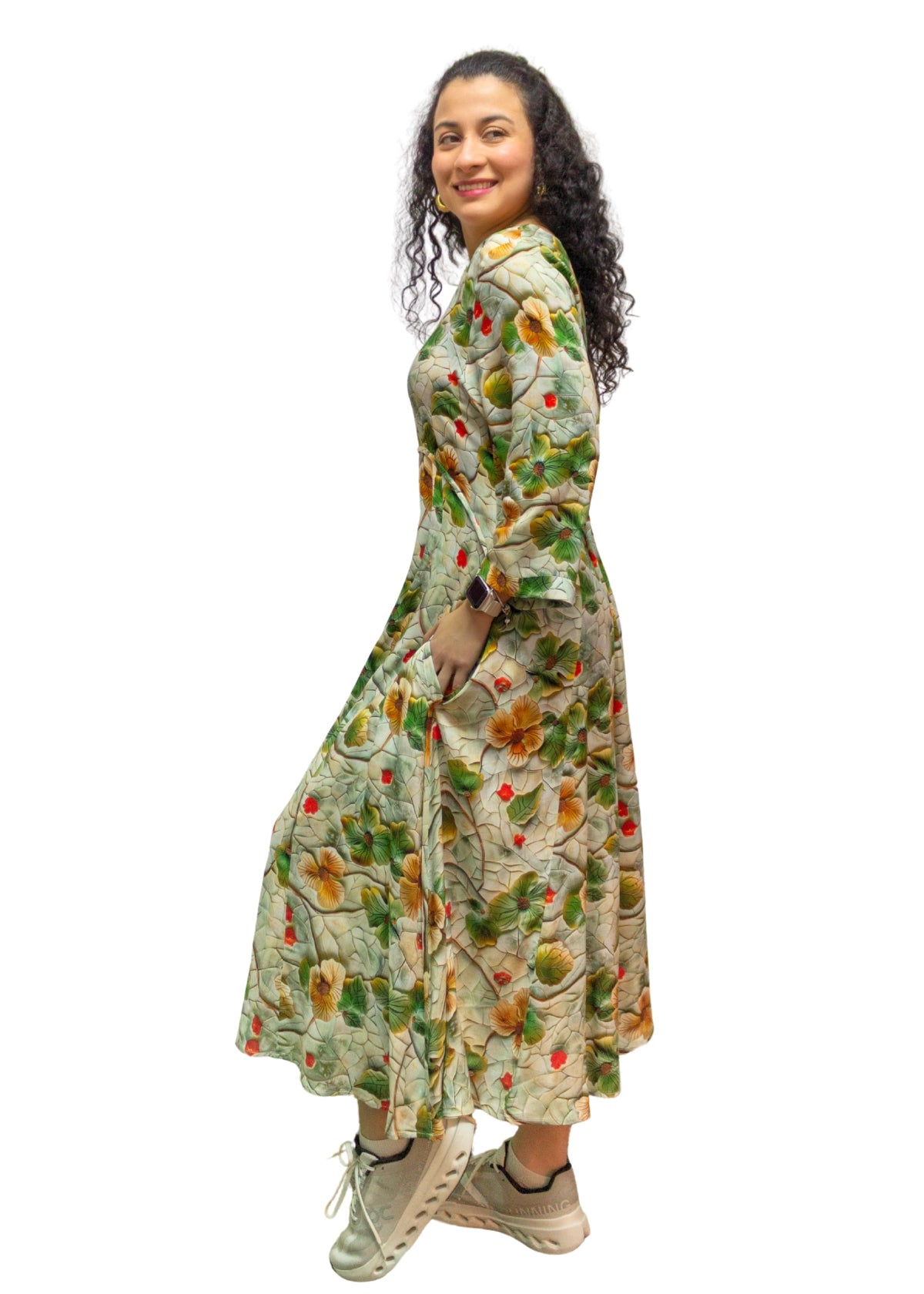 24006-12: Sage Green Botanical Vine Rayon Midi Dress
