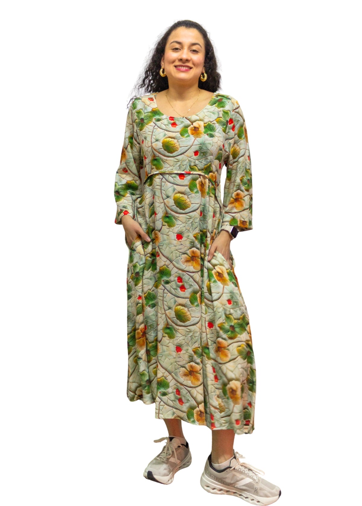 24006-12: Sage Green Botanical Vine Rayon Midi Dress