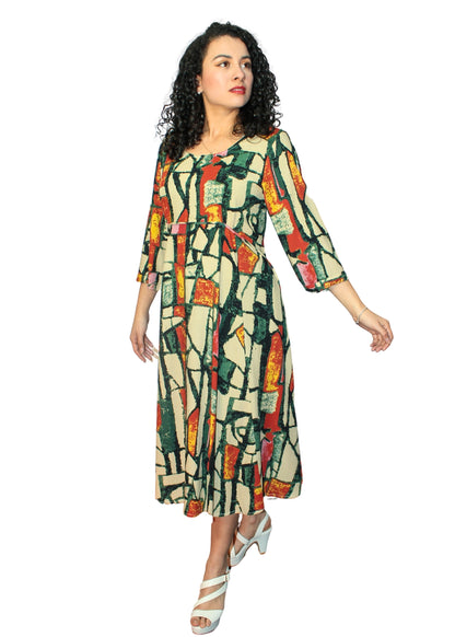 24006-6: Abstract Geometric Paneled Rayon Midi Dress