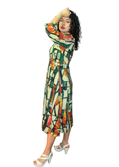 24006-6: Abstract Geometric Paneled Rayon Midi Dress