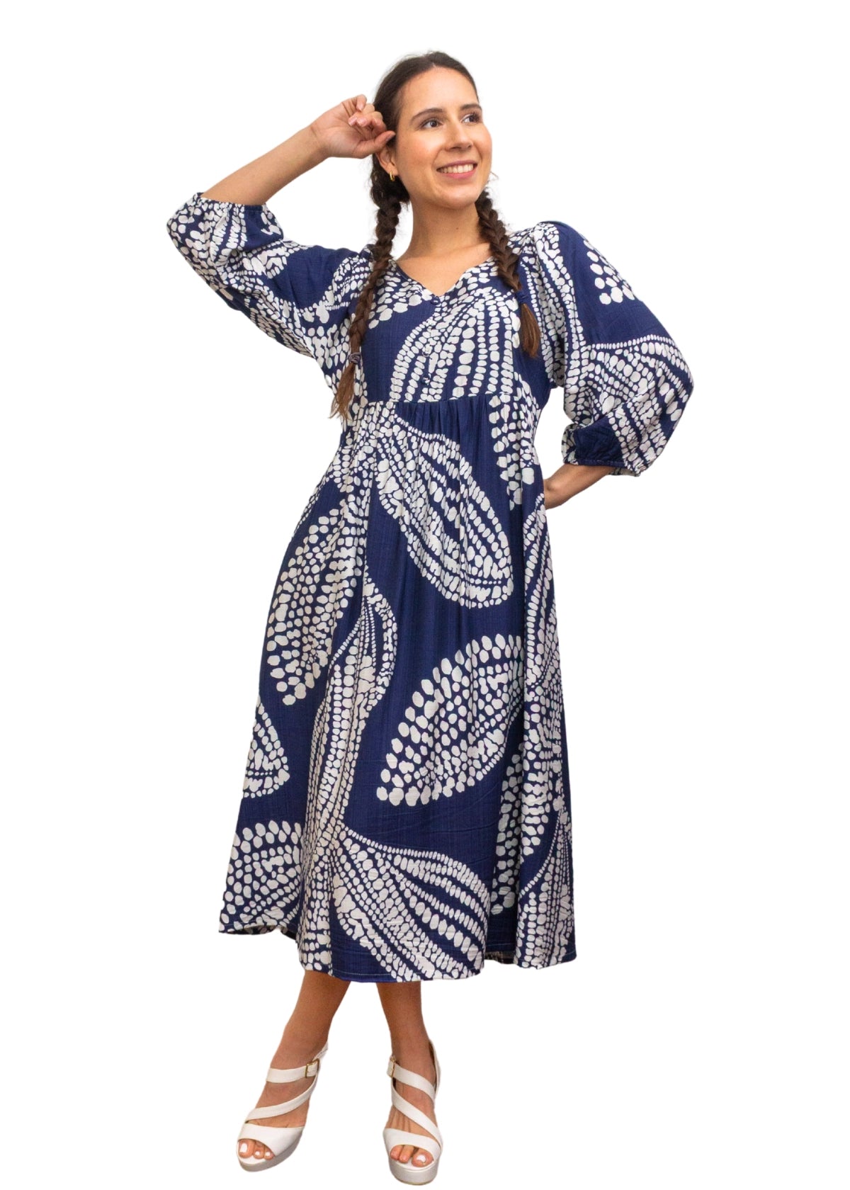 24014-1: Dramatic Flair: The Navy & White Print Smock Dress