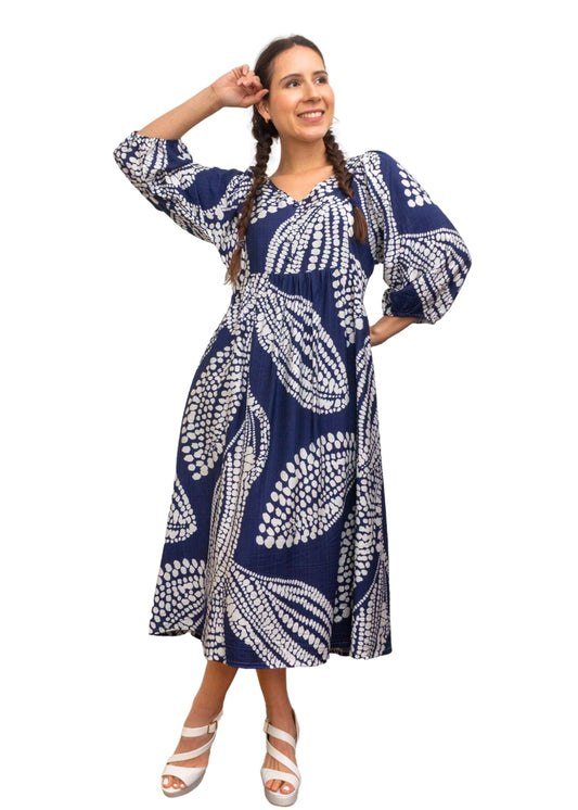 24014-1: Dramatic Flair: The Navy & White Print Smock Dress