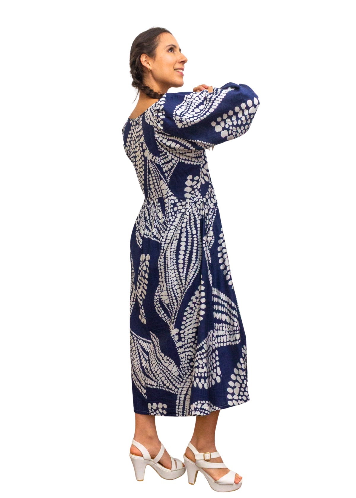 24014-1: Dramatic Flair: The Navy & White Print Smock Dress