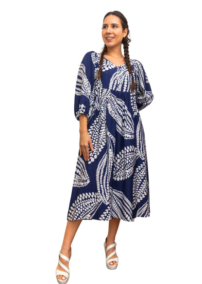 24014-1: Dramatic Flair: The Navy & White Print Smock Dress