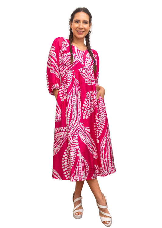 24014-2: The Perfect Hot Pink Print Smock Dress