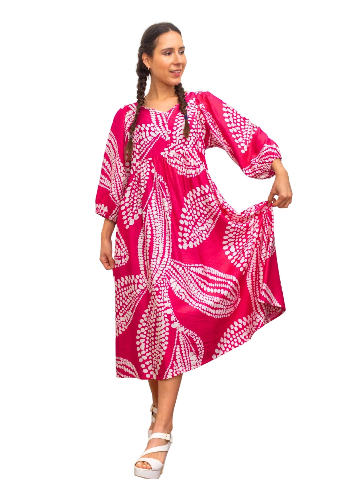 24014-2: The Perfect Hot Pink Print Smock Dress