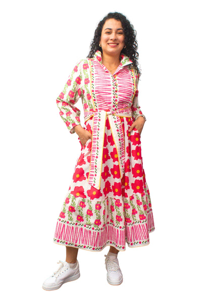 24030-1: Vibrant Floral Pink Cotton Midi Shirt Dress with Belt