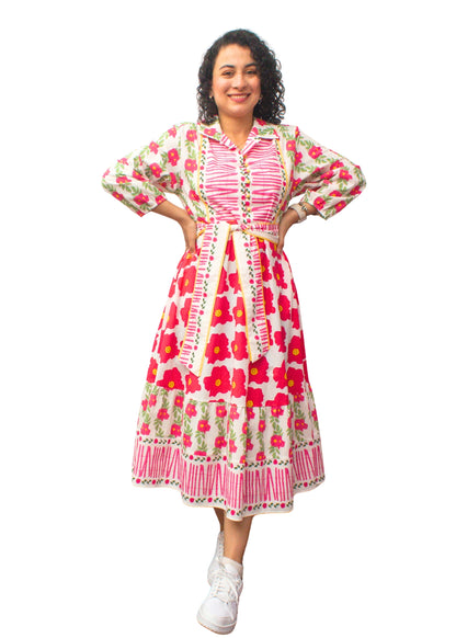 24030-1: Vibrant Floral Pink Cotton Midi Shirt Dress with Belt