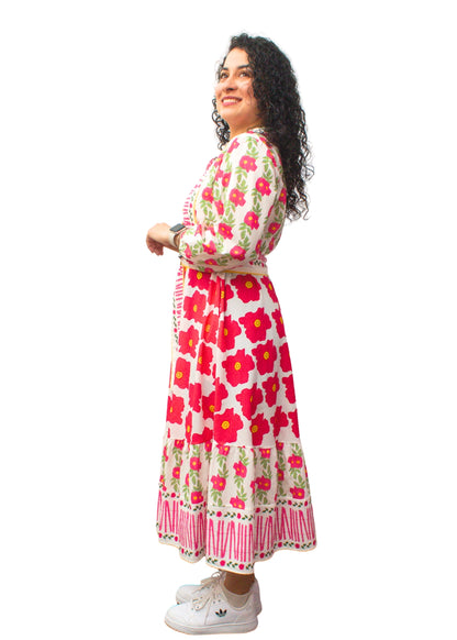 24030-1: Vibrant Floral Pink Cotton Midi Shirt Dress with Belt