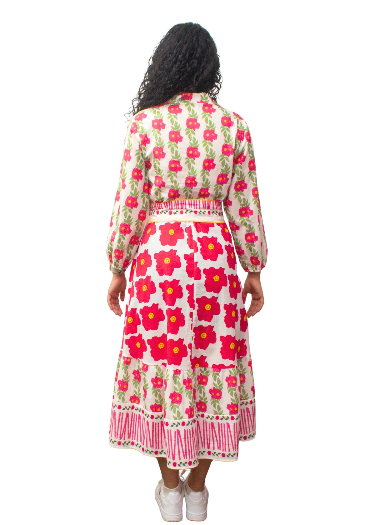 24030-1: Vibrant Floral Pink Cotton Midi Shirt Dress with Belt