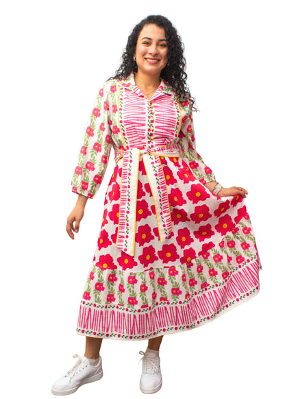 24030-1: Vibrant Floral Pink Cotton Midi Shirt Dress with Belt