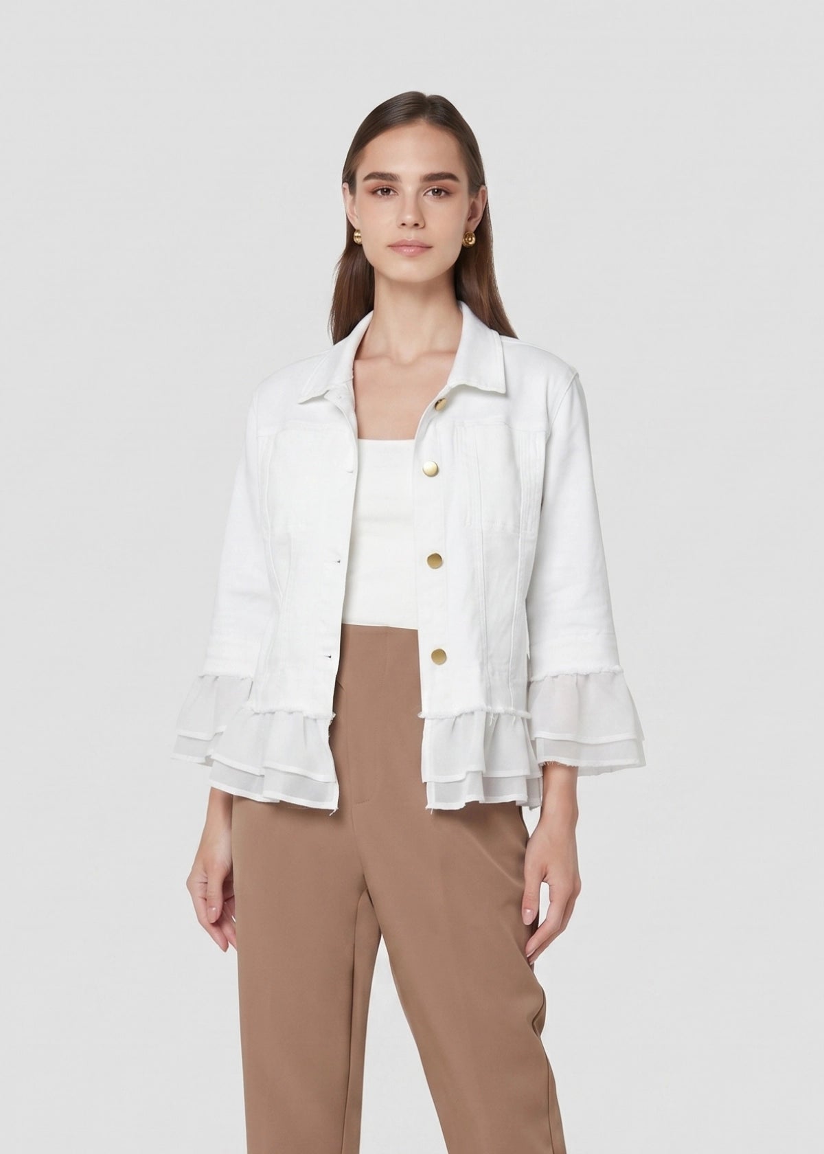 24039-3: COTTON Ruffle Trim Cropped Jacket (White)