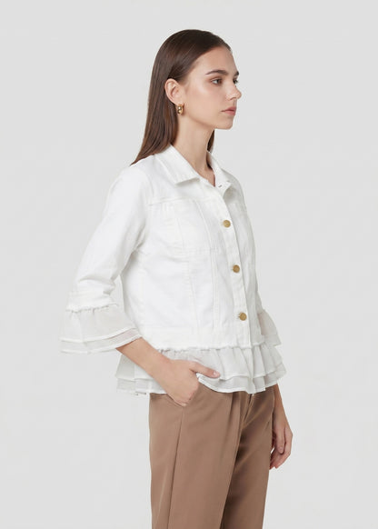 24039-3: COTTON Ruffle Trim Cropped Jacket (White)