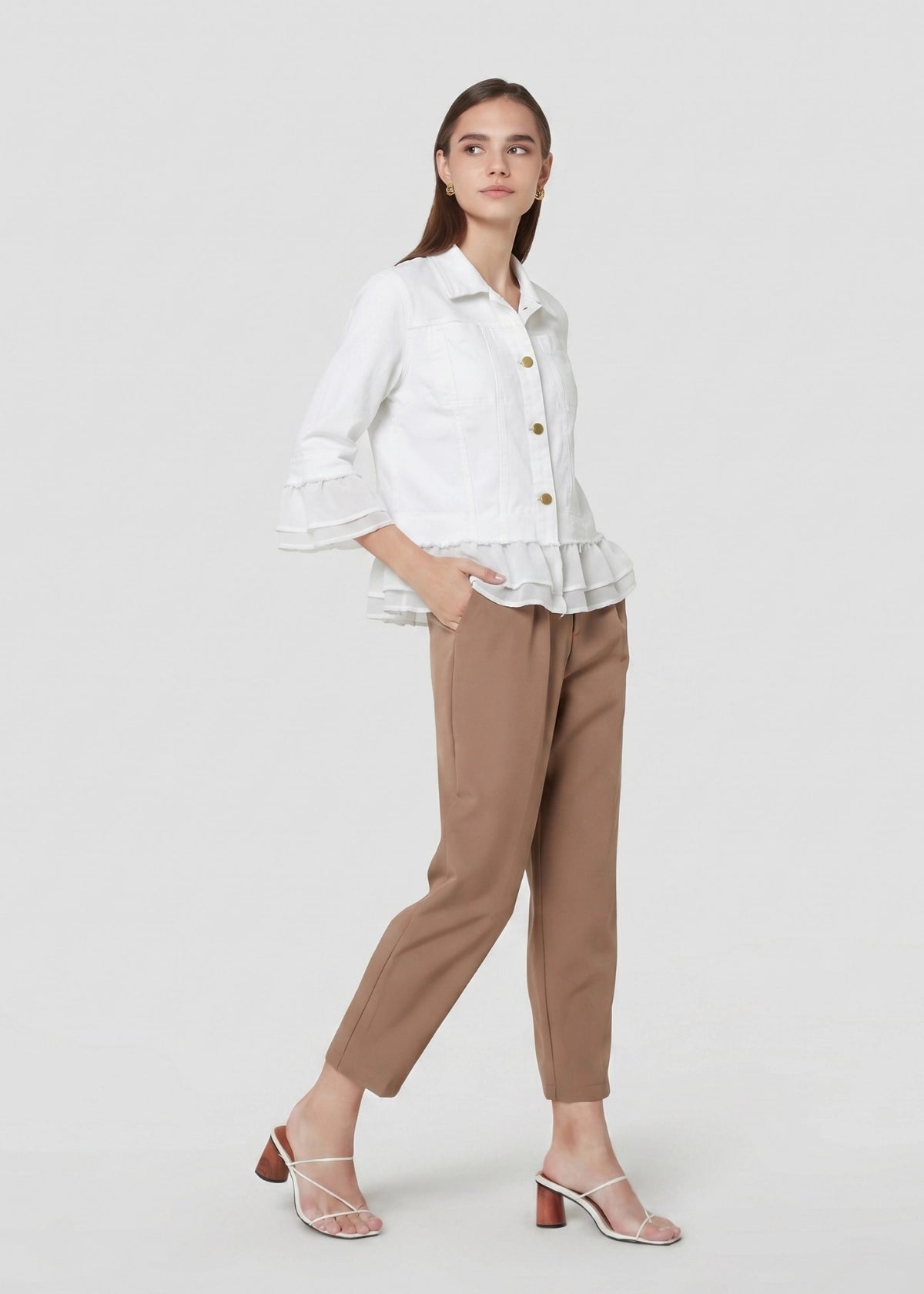 24039-3: COTTON Ruffle Trim Cropped Jacket (White)