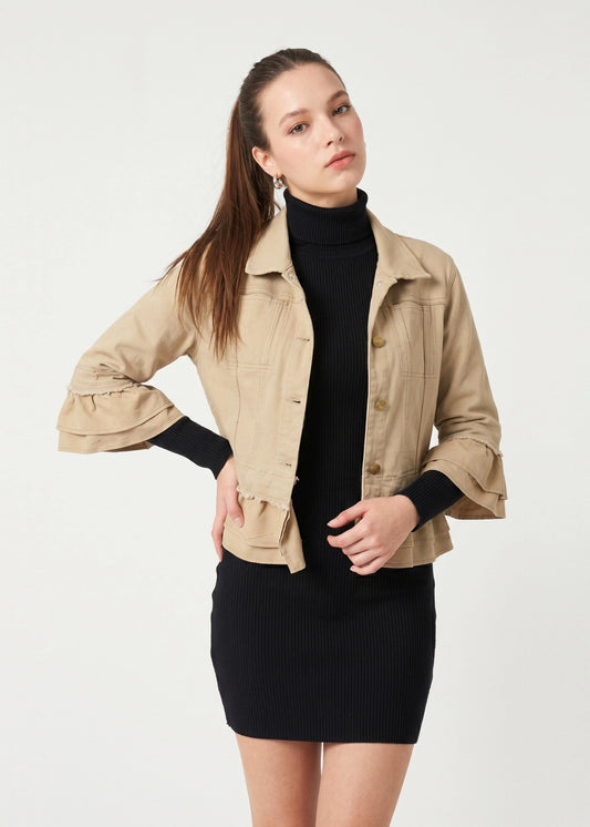 24039-4: COTTON Ruffle Trim Cropped Jacket (Warm Beige)