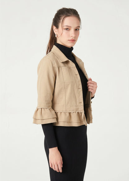 24039-4: COTTON Ruffle Trim Cropped Jacket (Warm Beige)