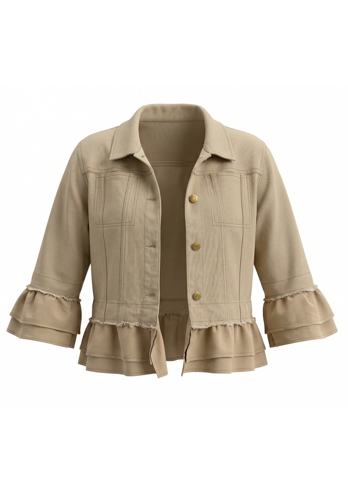 24039-4: COTTON Ruffle Trim Cropped Jacket (Warm Beige)