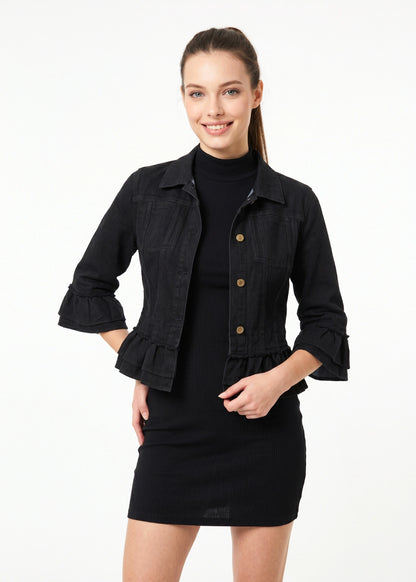 24039-5: COTTON Ruffle Trim Cropped Jacket (Classic Black)