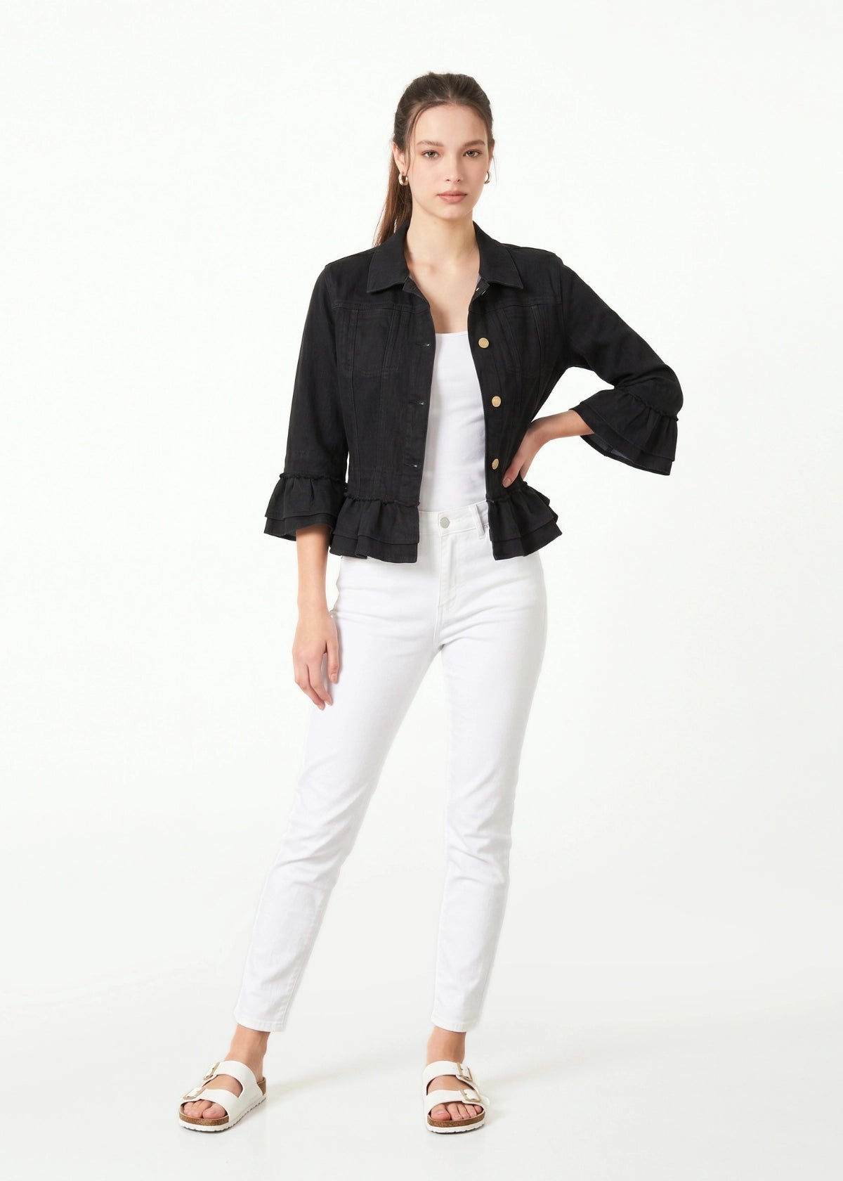 24039-5: COTTON Ruffle Trim Cropped Jacket (Classic Black)