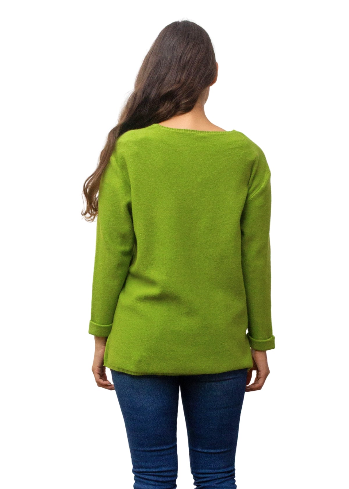 Person wearing a green sweater on a white background
