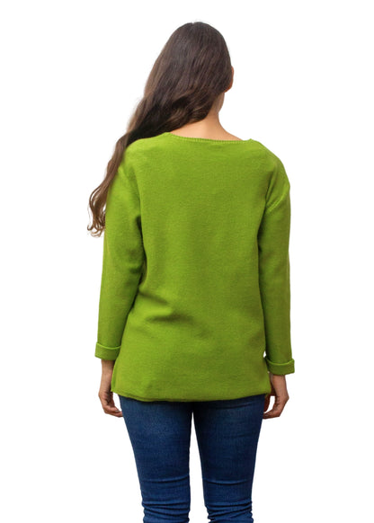 Person wearing a green sweater on a white background