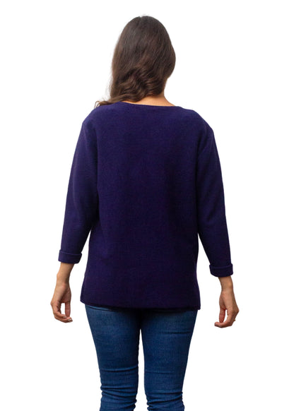 Person wearing a purple sweater and blue jeans on a white background