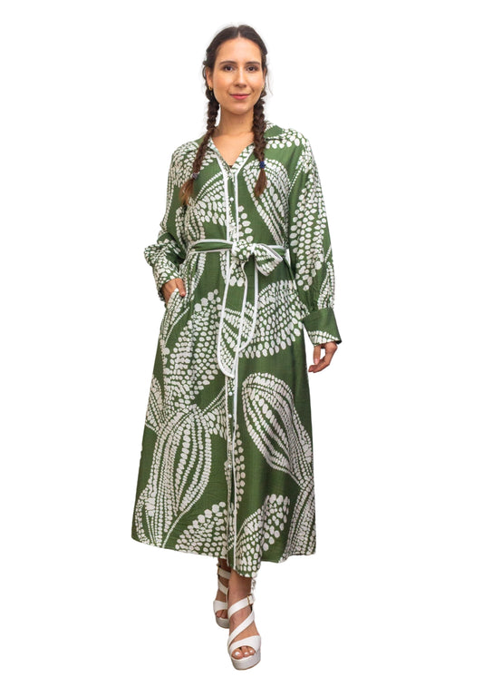 25028-1: Urban Oasis: The Olive Print Maxi Shirt Dress