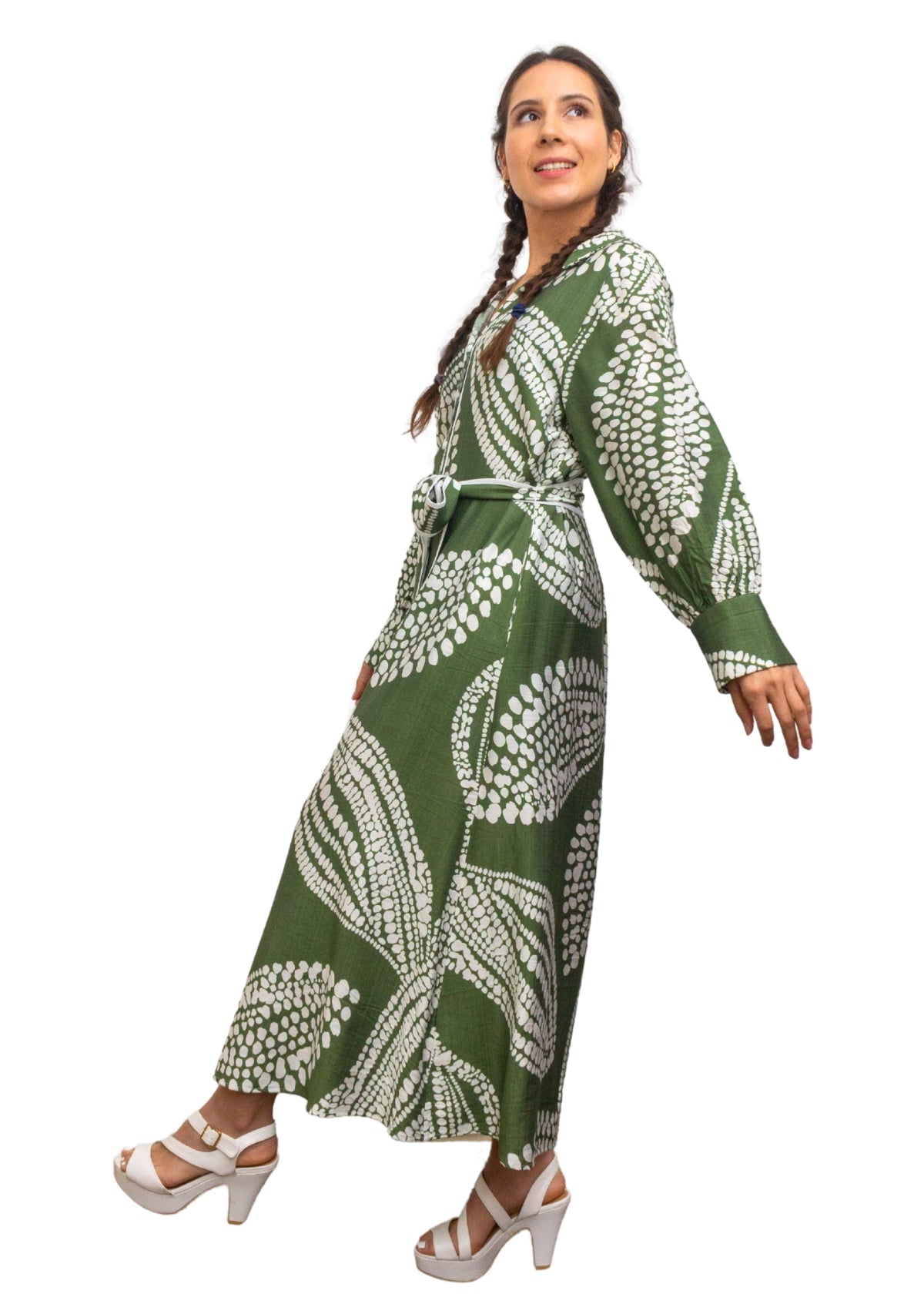 25028-1: Urban Oasis: The Olive Print Maxi Shirt Dress
